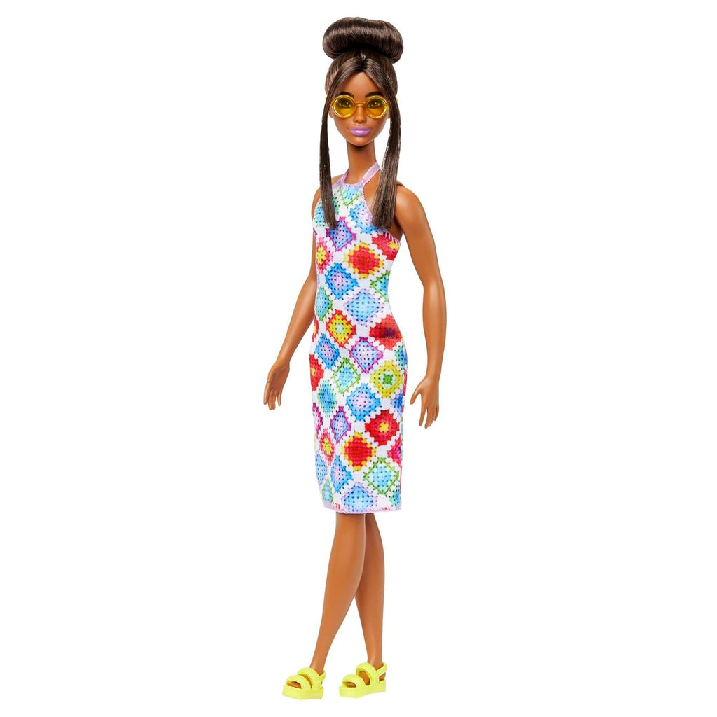 Barbie Fashionistas Doll with Brown Hair in Bun Wearing Colorful Croch