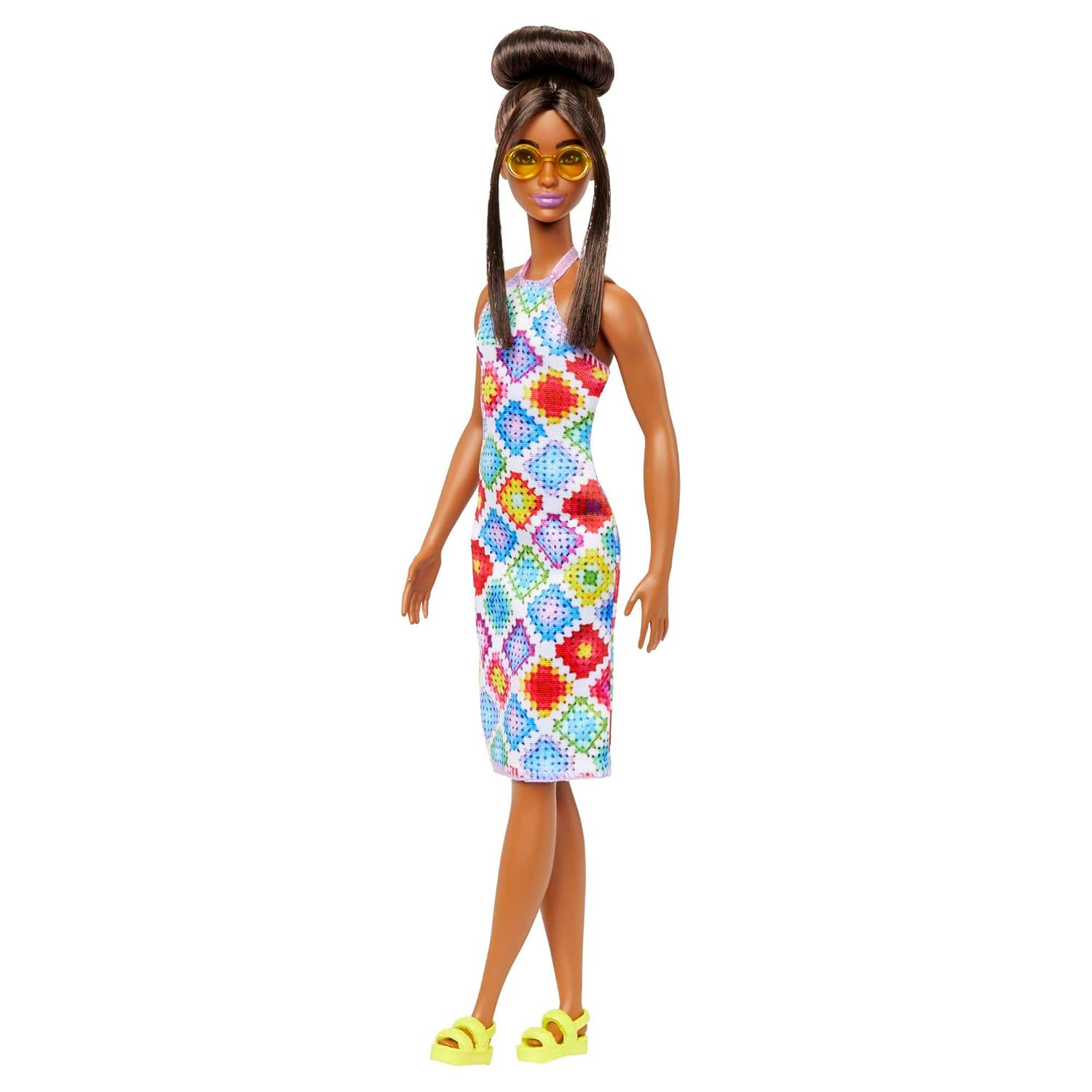 Barbie Fashionistas Doll with Brown Hair in Bun Wearing Colorful Croch