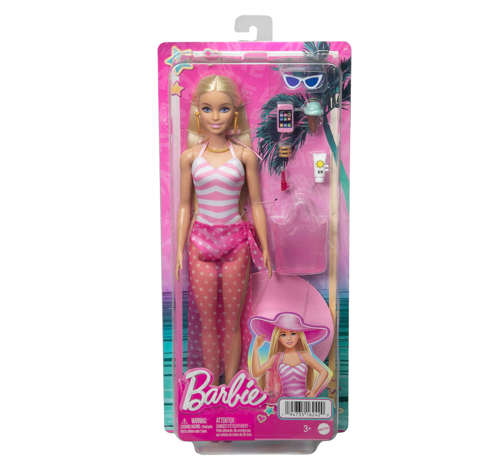 Barbie Blonde Doll in Pink and White Swimsuit with Sun Hat, Tote Bag and Beach-Themed Accessories, 3Y+, Multicolour - Barbie