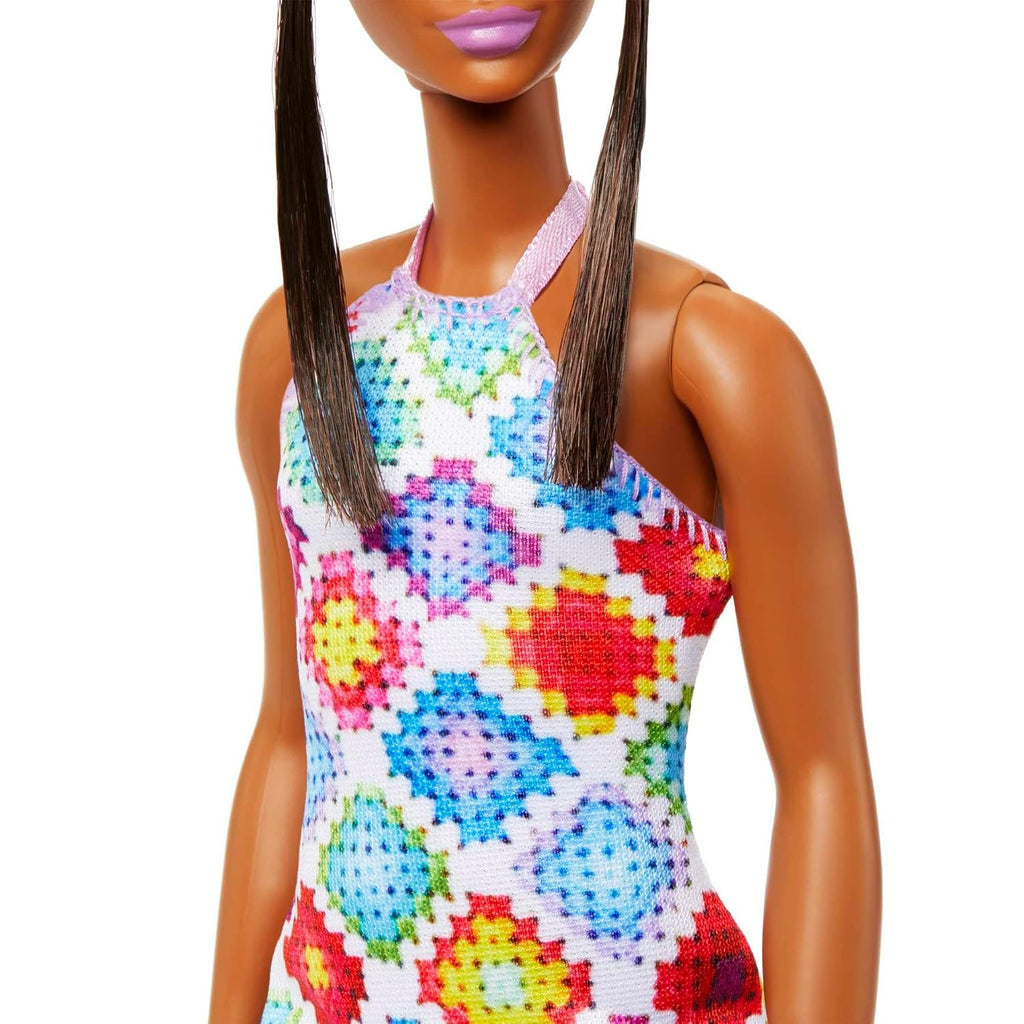 Barbie Fashionistas Doll with Brown Hair in Bun Wearing Colorful Croch