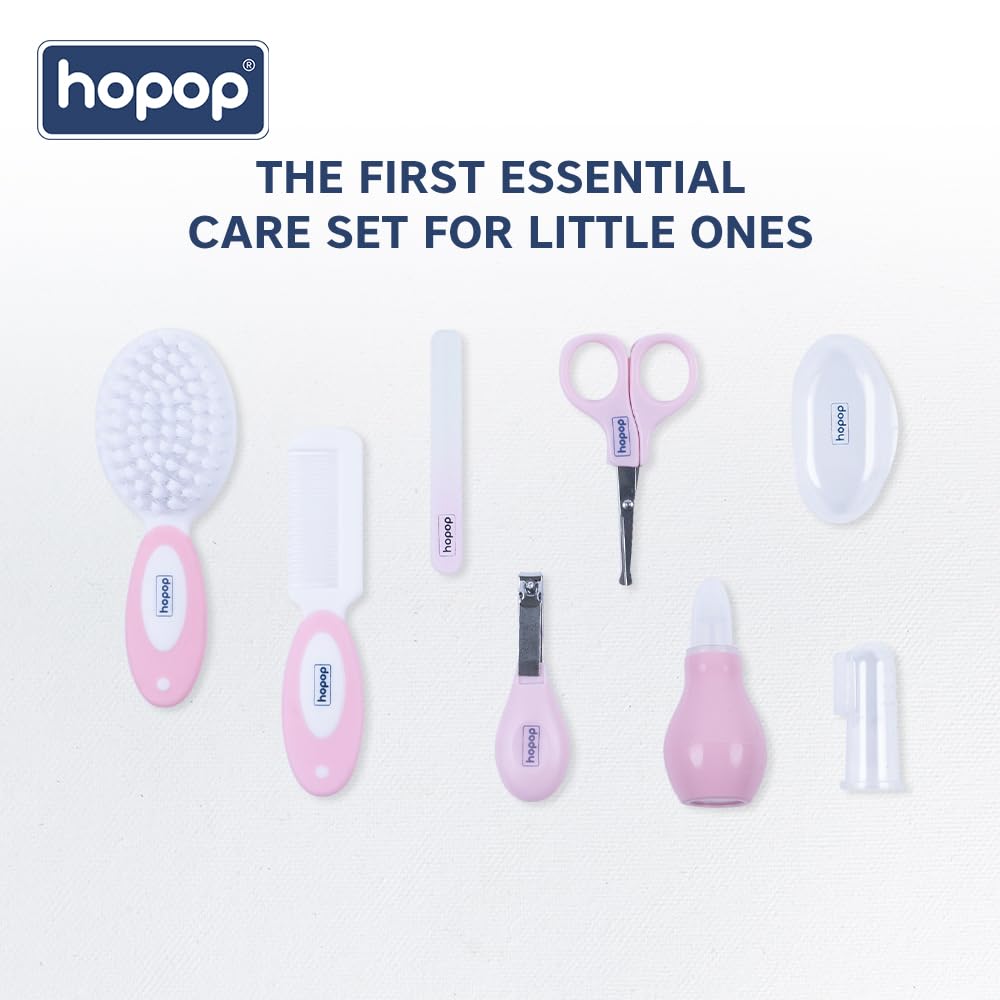 Hopop Grooming Kit for Newborn | 7 in 1 Baby Grooming Kit | Suitable for Newborns & Toddlers | Soft Bristle Hair Brush, Rounded Teeth Hair Comb, Nail Scissors, Nail Cutter, Nail File, Nose Cleaner, Finger Toothbrush with protective case | Blue
