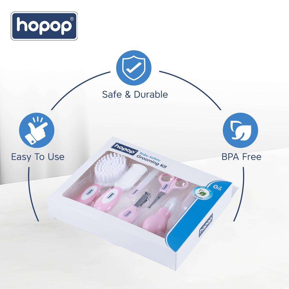 Hopop Grooming Kit for Newborn | 7 in 1 Baby Grooming Kit | Suitable for Newborns & Toddlers | Soft Bristle Hair Brush, Rounded Teeth Hair Comb, Nail Scissors, Nail Cutter, Nail File, Nose Cleaner, Finger Toothbrush with protective case | Blue