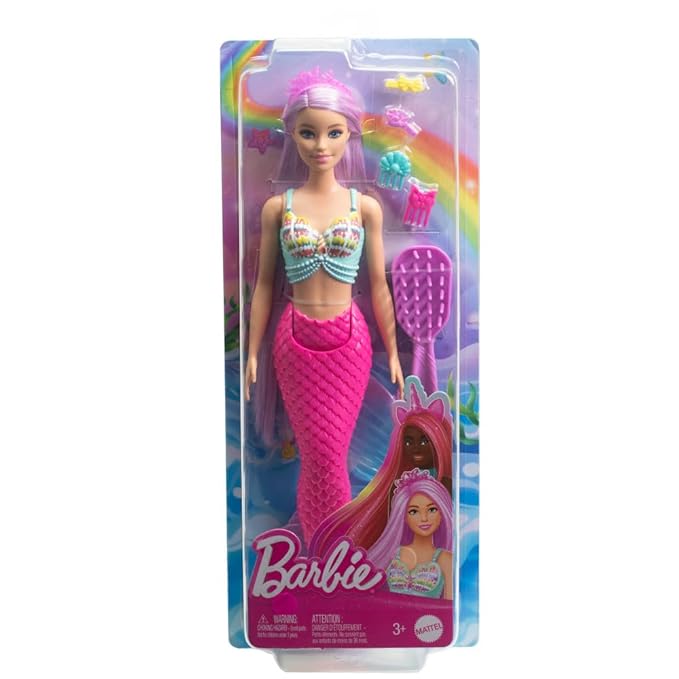 Barbie Mermaid Doll with 7-Inch-Long Pink Fantasy Hair and Colorful Accessories for Styling Play Like Headband and Barrettes