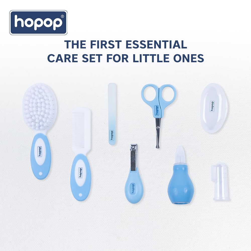 Hopop Grooming Kit for Newborn | 7 in 1 Baby Grooming Kit | Suitable for Newborns & Toddlers | Soft Bristle Hair Brush, Rounded Teeth Hair Comb, Nail Scissors, Nail Cutter, Nail File, Nose Cleaner, Finger Toothbrush with protective case | Blue