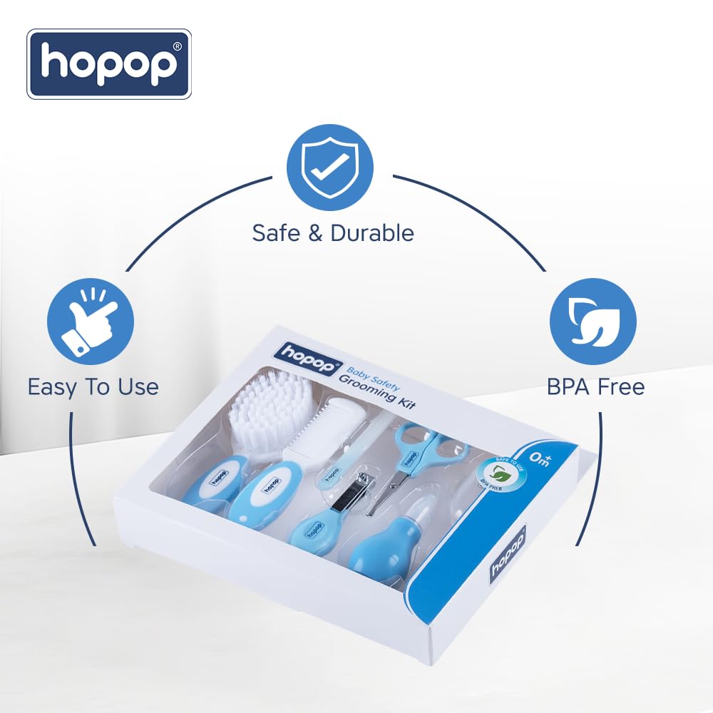 Hopop Grooming Kit for Newborn | 7 in 1 Baby Grooming Kit | Suitable for Newborns & Toddlers | Soft Bristle Hair Brush, Rounded Teeth Hair Comb, Nail Scissors, Nail Cutter, Nail File, Nose Cleaner, Finger Toothbrush with protective case | Blue