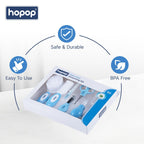 Hopop Grooming Kit for Newborn | 7 in 1 Baby Grooming Kit | Suitable for Newborns & Toddlers | Soft Bristle Hair Brush, Rounded Teeth Hair Comb, Nail Scissors, Nail Cutter, Nail File, Nose Cleaner, Finger Toothbrush with protective case | Blue