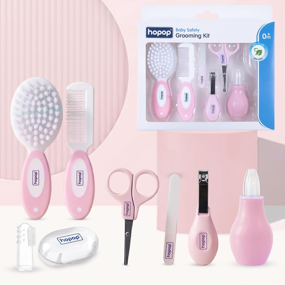 Hopop Grooming Kit for Newborn | 7 in 1 Baby Grooming Kit | Suitable for Newborns & Toddlers | Soft Bristle Hair Brush, Rounded Teeth Hair Comb, Nail Scissors, Nail Cutter, Nail File, Nose Cleaner, Finger Toothbrush with protective case | Blue