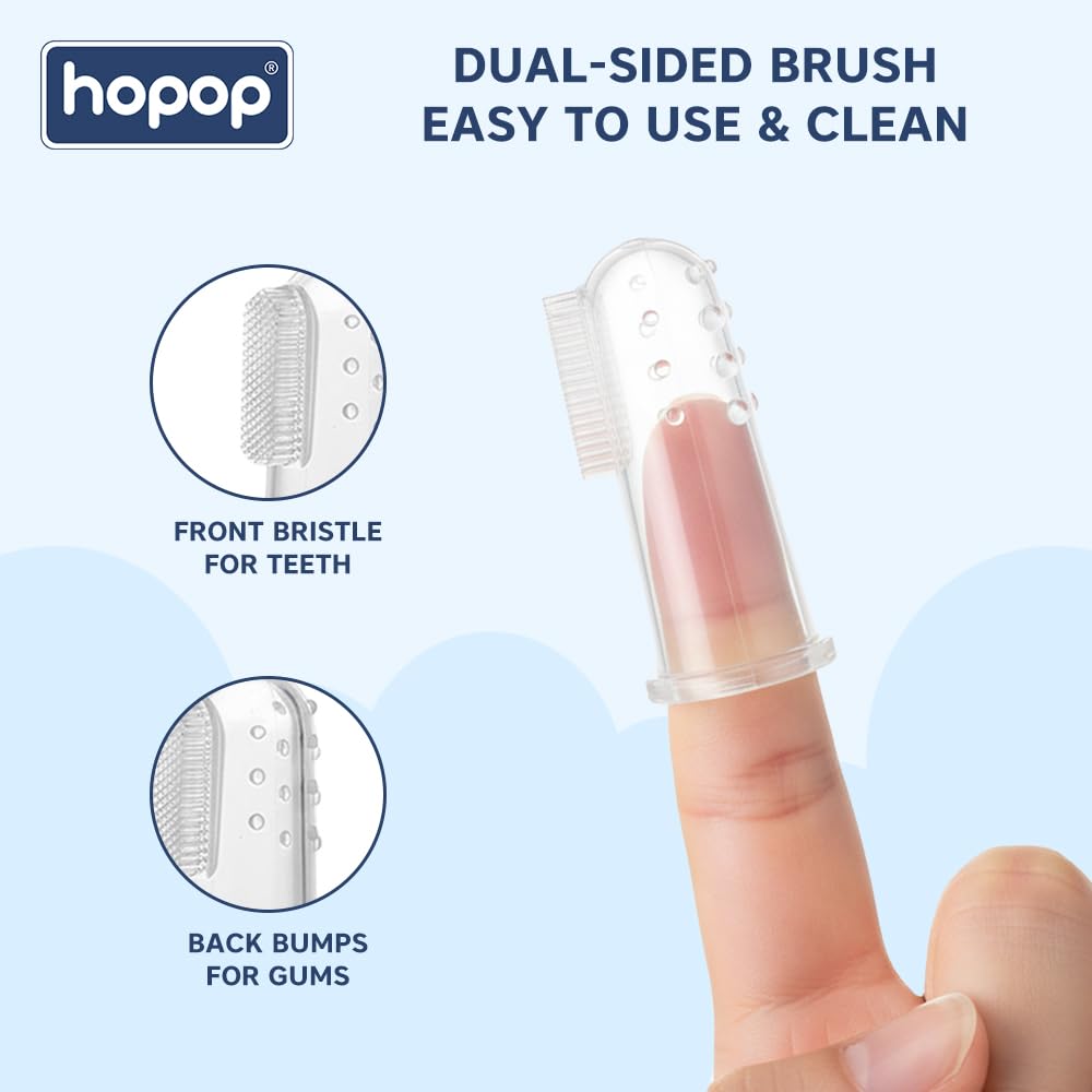 Hopop Silicone Baby Finger Toothbrush with Case | Great for Massaging & Cleaning Gums | BPA-Free Soft Finger Manual Toothbrush For Kids & New Born Baby | Oral Care For 0+ Months | Pack of 2