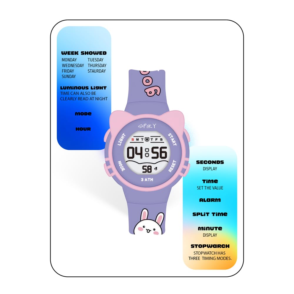 SPIKY Cat Ears Digital Sports Watch for Kids | Multifunctional with Luminous Display & Alarm | Water Resistant & Silicone Strap | Best Birthday Gift Wrist Watches for Girls & Boys | Age 2-14 yrs