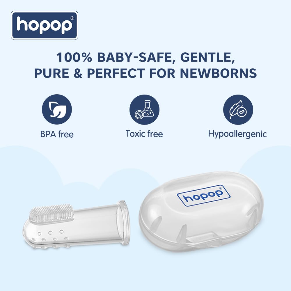 Hopop Silicone Baby Finger Toothbrush with Case | Great for Massaging & Cleaning Gums | BPA-Free Soft Finger Manual Toothbrush For Kids & New Born Baby | Oral Care For 0+ Months | Pack of 2