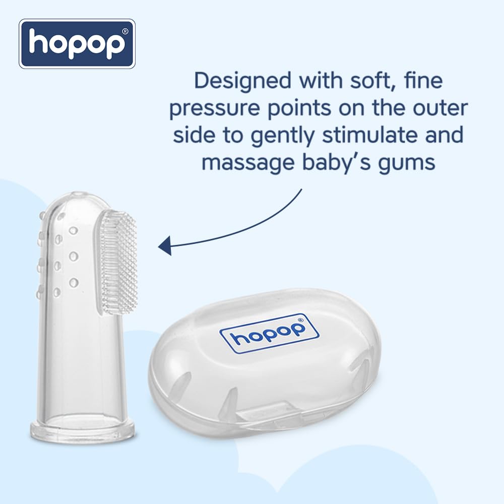 Hopop Silicone Baby Finger Toothbrush with Case | Great for Massaging & Cleaning Gums | BPA-Free Soft Finger Manual Toothbrush For Kids & New Born Baby | Oral Care For 0+ Months | Pack of 2