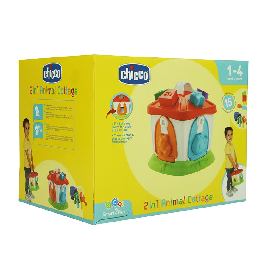 Chicco Animal Cottage| Shape Sorter Toy for 1 to 4 Years|Educational & Fun Toddler Activity Playset with 10 Shapes & 5 Keys|Develops Cognitive Skills & Hand-Eye Coordination|Easy to Carry with Handle