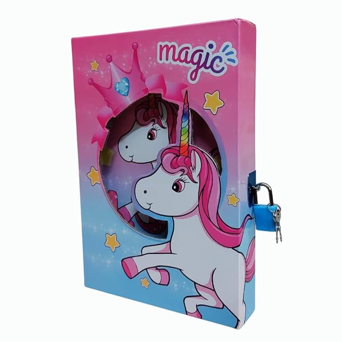 Unicorn Love Magic Crown Star Rainbow Color Cartoon Character Secret Lock Diary Big Size for Girls Boys Kids with Lock and Key Stylish Ruled Notebook Locker Diary with Cover Box (21x15x3.2 cm)
