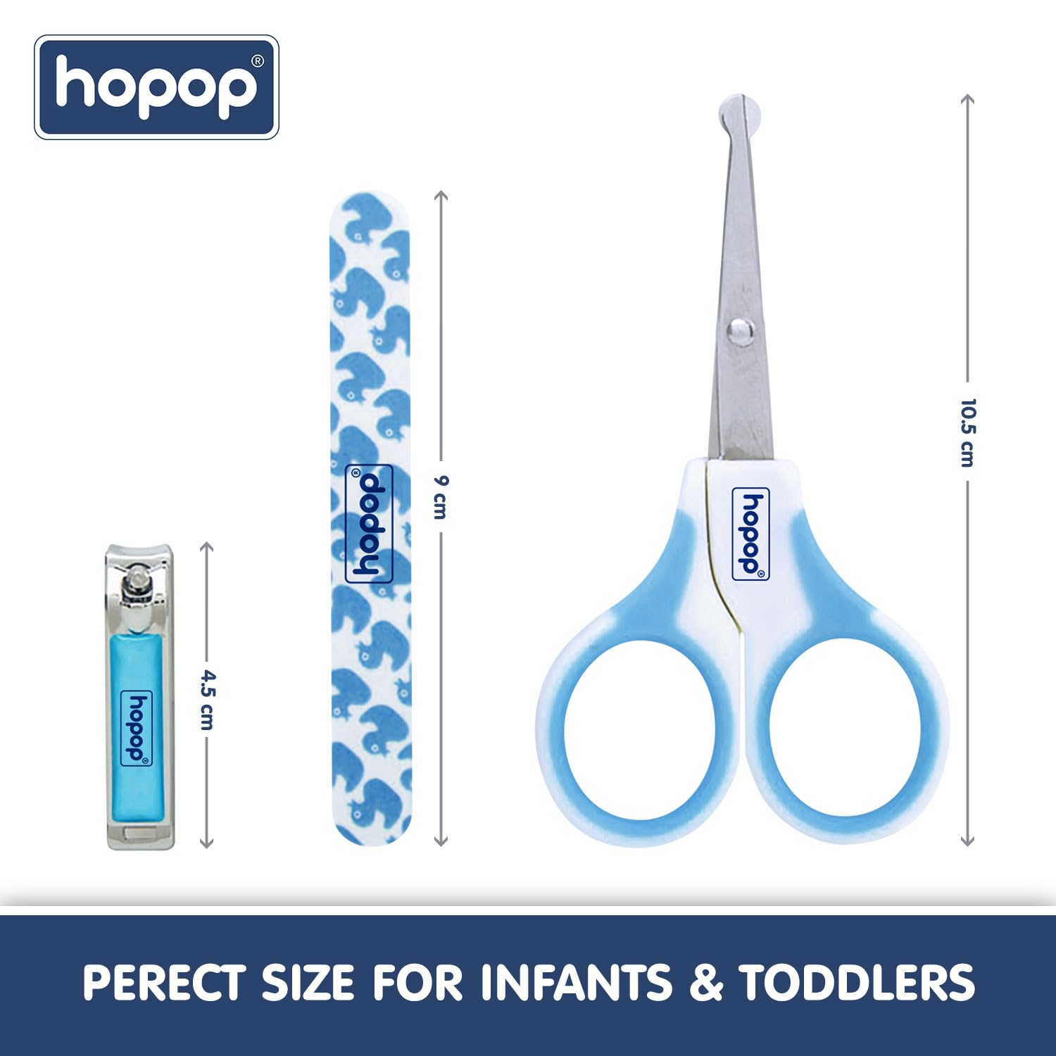 Hopop Grooming Kit for Newborn | 7 in 1 Baby Grooming Kit | Suitable for Newborns & Toddlers | Soft Bristle Hair Brush, Rounded Teeth Hair Comb, Nail Scissors, Nail Cutter, Nail File, Nose Cleaner, Finger Toothbrush with protective case | Blue
