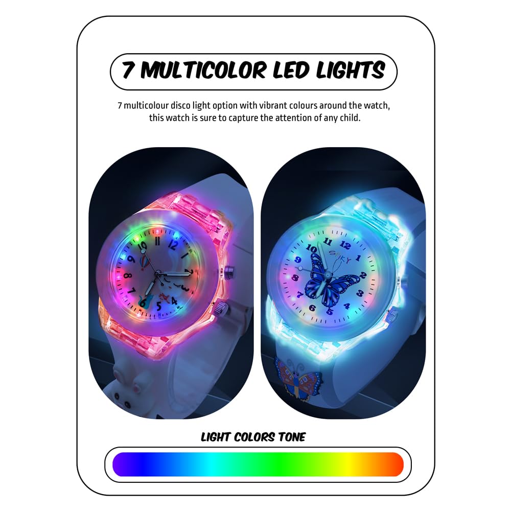 SPIKY Analog Watch for Kids | 3D Cartoon | 7 Multicolor LED Luminous Lights with Silicone Strap | Unisex Best Birthday Gift | Analogue Wrist Watches for Boys & Girls | Age 3-10 yrs