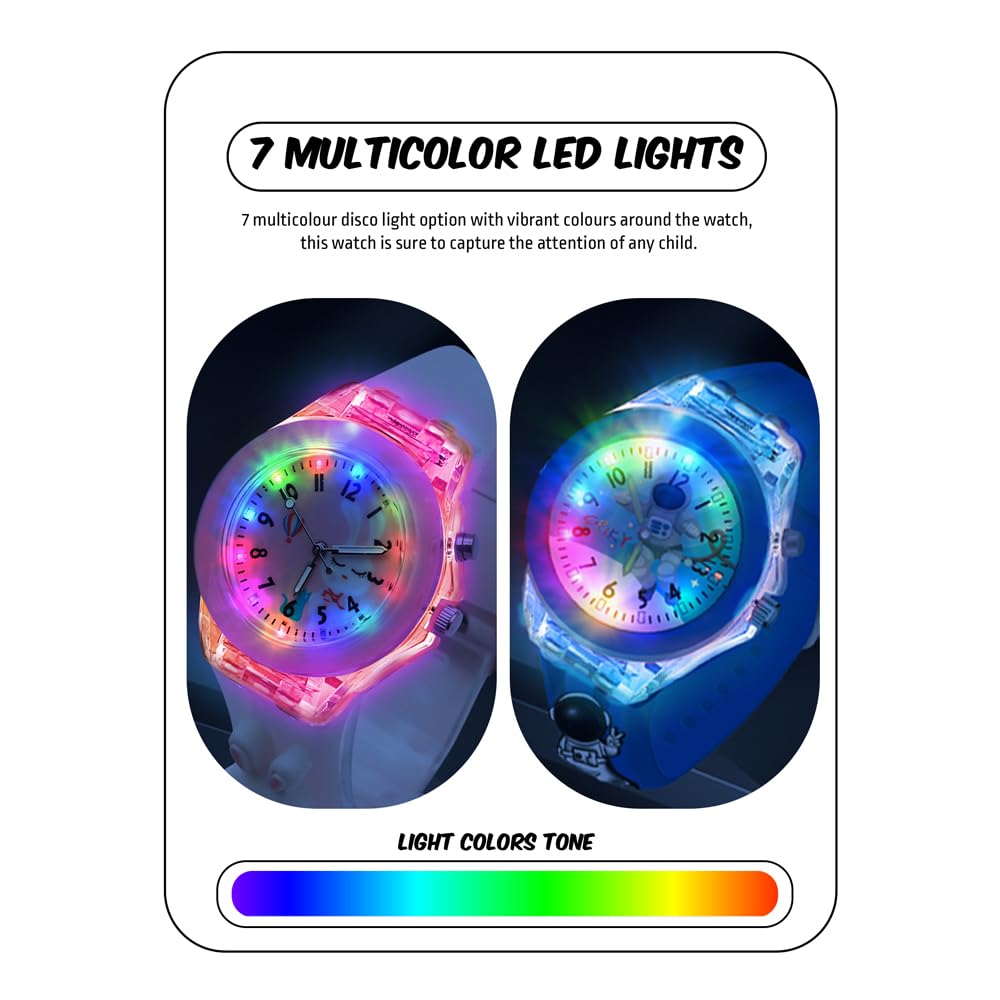 SPIKY Analog Watch for Kids | 3D Cartoon | 7 Multicolor LED Luminous Lights with Silicone Strap | Unisex Best Birthday Gift | Analogue Wrist Watches for Boys & Girls | Age 3-10 yrs