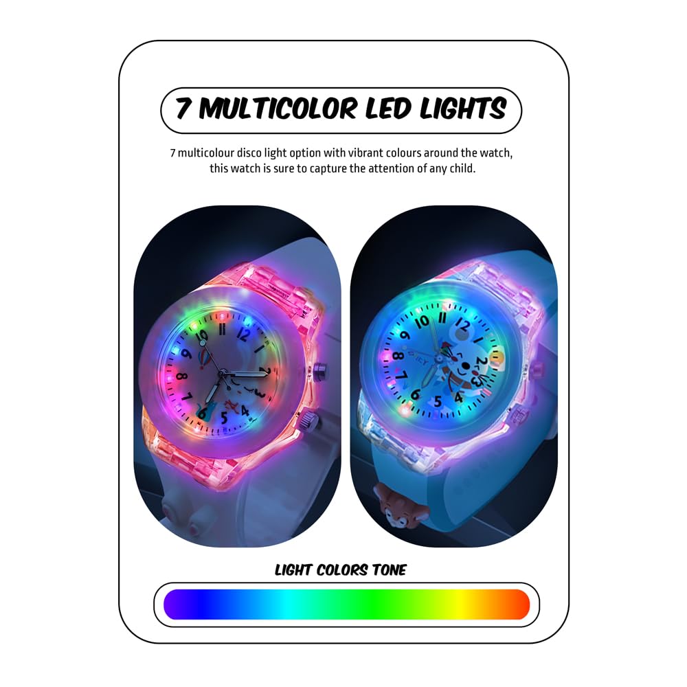 SPIKY Analog Watch for Kids | 3D Cartoon | 7 Multicolor LED Luminous Lights with Silicone Strap | Unisex Best Birthday Gift | Analogue Wrist Watches for Boys & Girls | Age 3-10 yrs