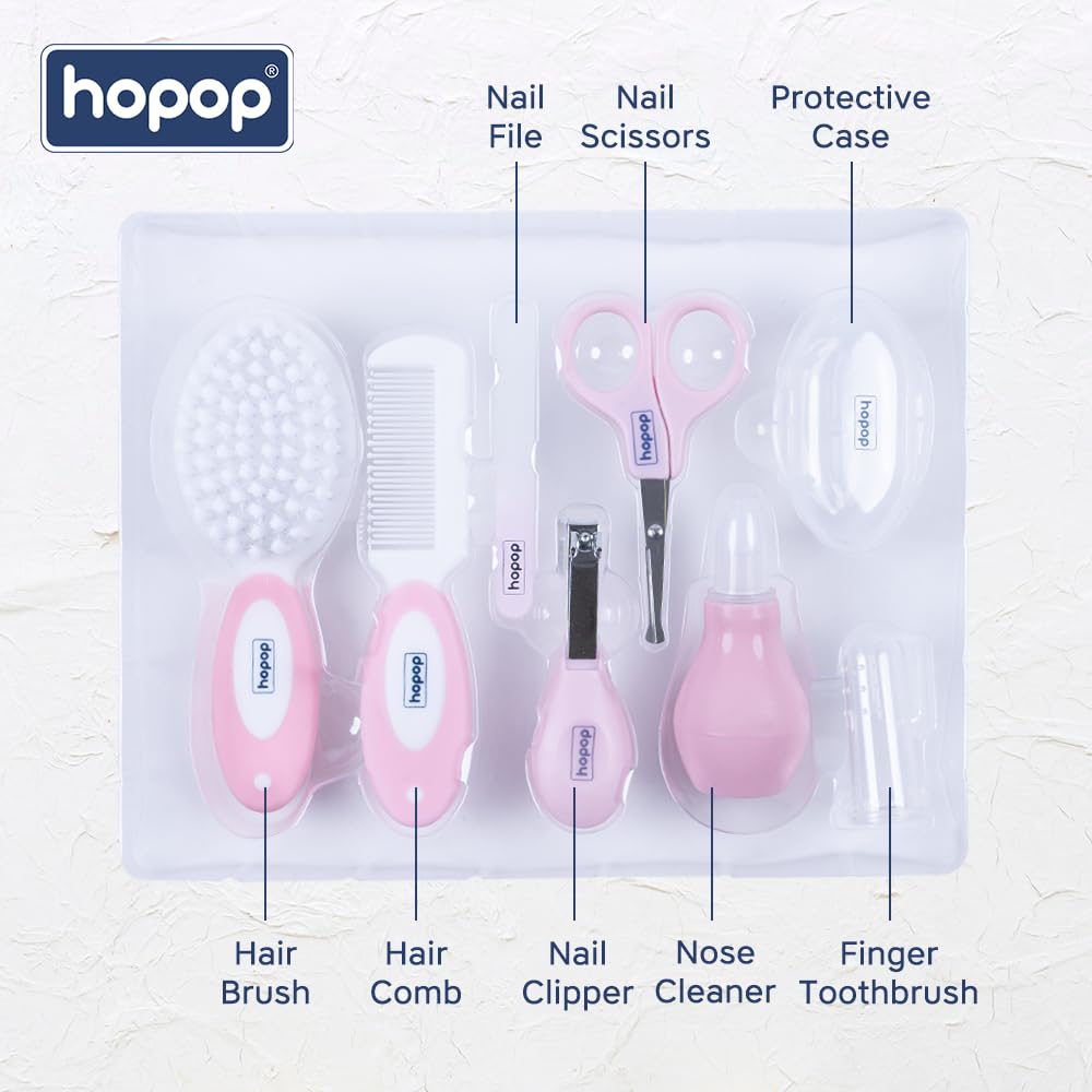Hopop Grooming Kit for Newborn | 7 in 1 Baby Grooming Kit | Suitable for Newborns & Toddlers | Soft Bristle Hair Brush, Rounded Teeth Hair Comb, Nail Scissors, Nail Cutter, Nail File, Nose Cleaner, Finger Toothbrush with protective case | Blue