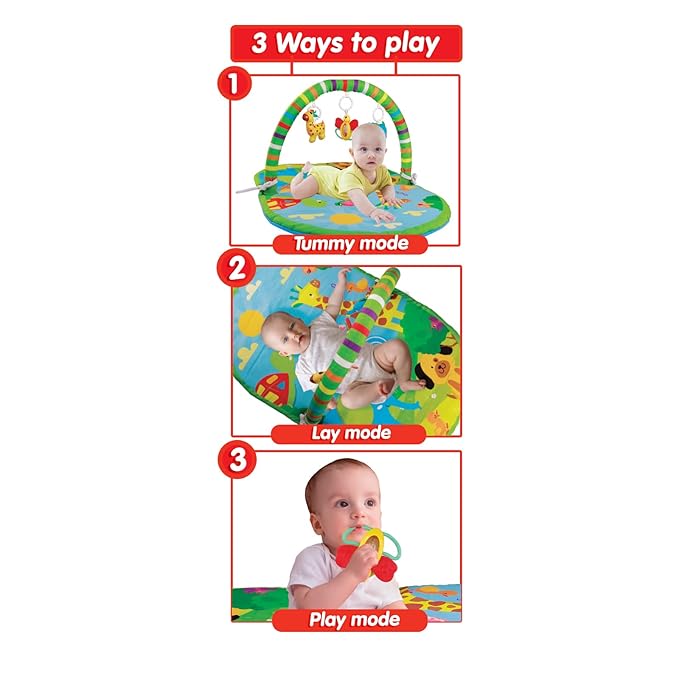 Giggles Funskool 3in1 Deluxe Playgym, Animal Printed Soft & Comfy Activity Mat for Tummy Time, Fun & Development Toy for Babies, Infants, Multicolour, Gift Set for Kids, Age 2+ Months