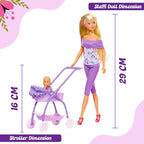 Steffi Love Doll Set| Steffi Love Baby Walk Toy| Steffi with Baby & Stroll| Set of 15+ Baby Essentials| Pretend Play Set| Ideal Gift for Girls Age 3+ (Pink)