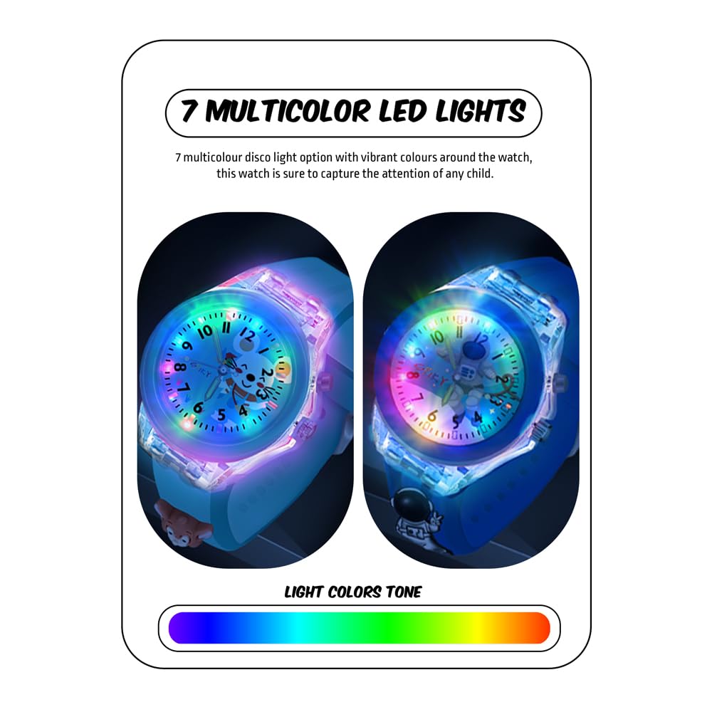 SPIKY Analog Watch for Kids | 3D Cartoon | 7 Multicolor LED Luminous Lights with Silicone Strap | Unisex Best Birthday Gift | Analogue Wrist Watches for Boys & Girls | Age 3-10 yrs