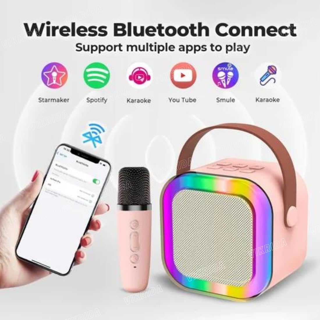 VikriDA Mini Karaoke Machine for Kids & Adults,Portable Bluetooth Speaker with 1 Wireless Karaoke Microphone,Music Toys Christmas Birthday Gifts for Girls & Boys 4,5,6,7,8,9,10,11,12 Year Old.