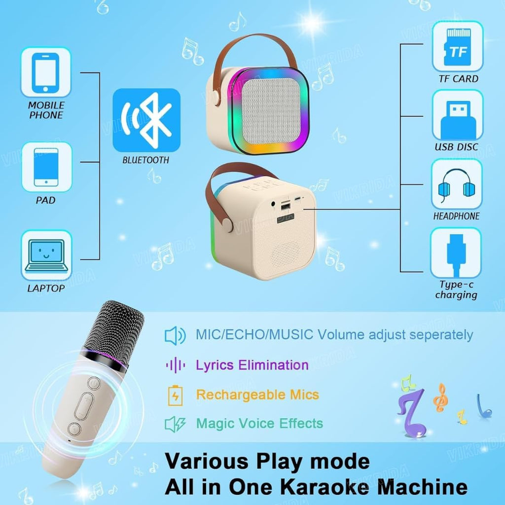 VikriDA Mini Karaoke Machine for Kids & Adults,Portable Bluetooth Speaker with 1 Wireless Karaoke Microphone,Music Toys Christmas Birthday Gifts for Girls & Boys 4,5,6,7,8,9,10,11,12 Year Old.