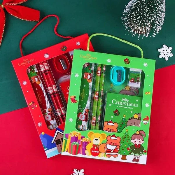 Christmas Stationery Giftset (Pack of 6 Items) 1 Eraser, 1 Sharpener, 1 Scale, 1 Diary, 2 Pencils for Kids