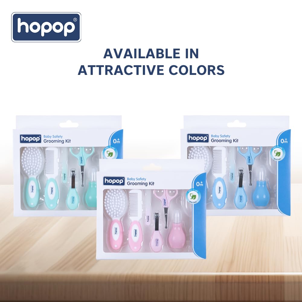 Hopop Grooming Kit for Newborn | 7 in 1 Baby Grooming Kit | Suitable for Newborns & Toddlers | Soft Bristle Hair Brush, Rounded Teeth Hair Comb, Nail Scissors, Nail Cutter, Nail File, Nose Cleaner, Finger Toothbrush with protective case | Blue
