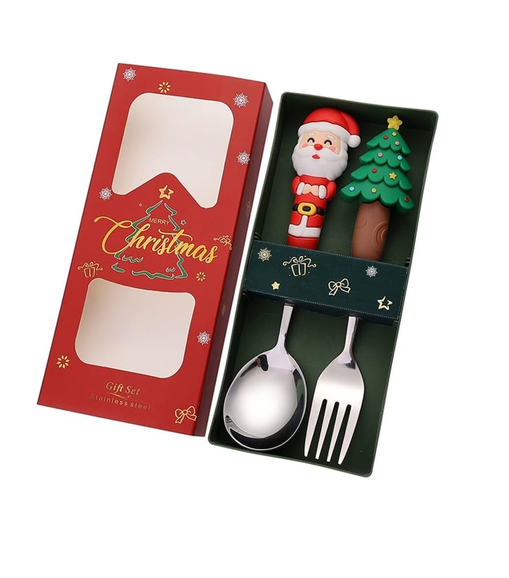 Moira Stainless Steel Christmas Cutlery Set with Santa and Tree Figurines, Gift Box (Silver)