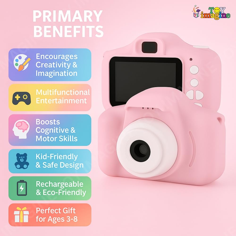 Toy Imagine Kids Digital Camera | 1080p Video & 3.0MP Photos | 2-Inch Screen, USB Rechargeable & Portable | Fun Mini Toy Camera for Boys & Girls Age 3–10 | Educational Birthday Gift(Pink)