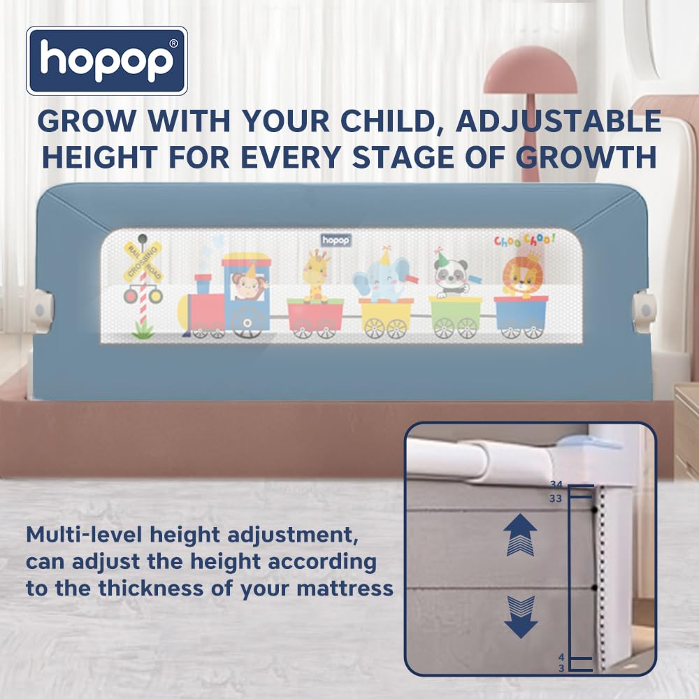 Hopop Baby Bed Rail Guard for Baby Safety | Bed Railing for Safety | Foldable Single Bed Side Protector for Falling | Adjustable Height | Bed Rails |183cm x 69 cm | Blue