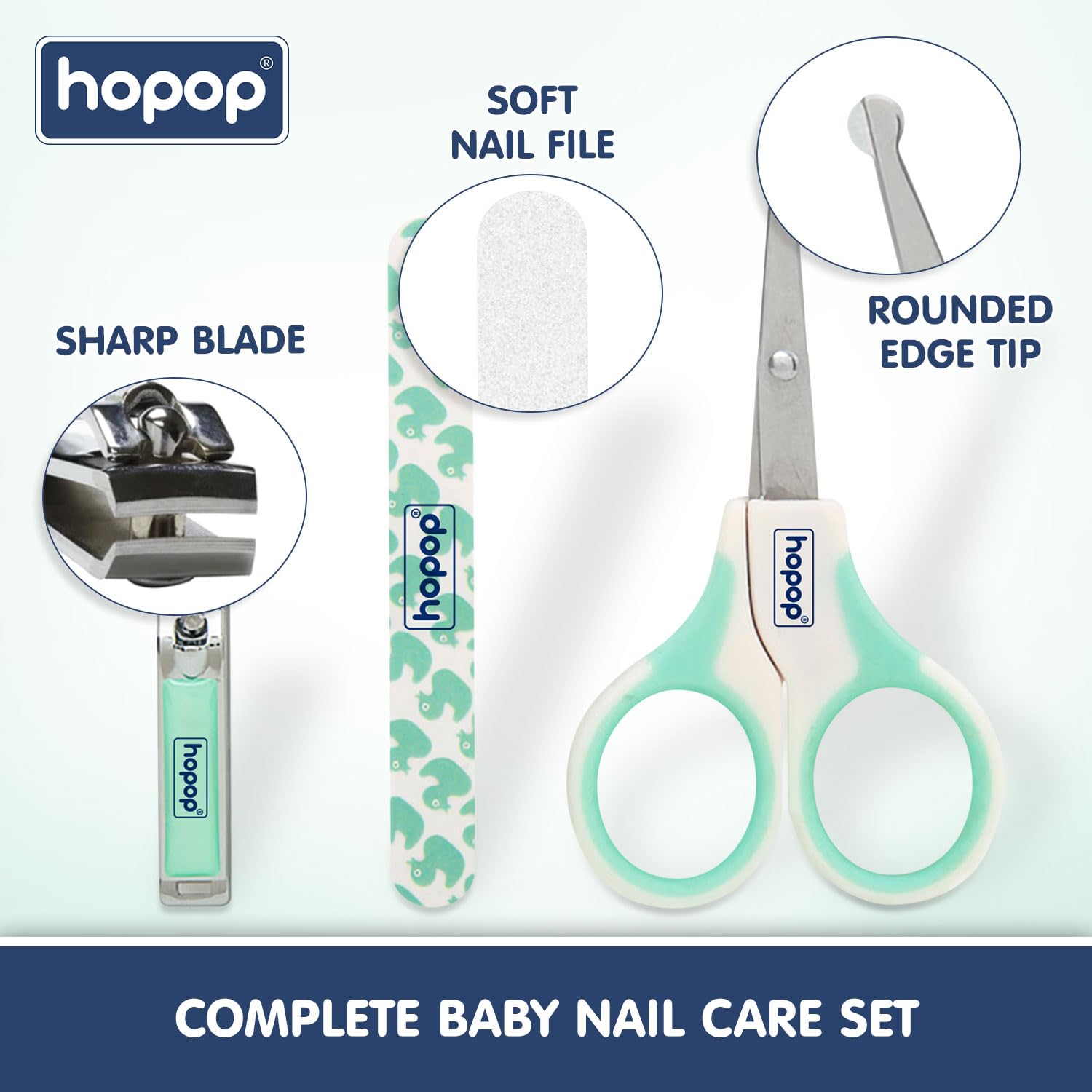 Hopop Grooming Kit for Newborn | 7 in 1 Baby Grooming Kit | Suitable for Newborns & Toddlers | Soft Bristle Hair Brush, Rounded Teeth Hair Comb, Nail Scissors, Nail Cutter, Nail File, Nose Cleaner, Finger Toothbrush with protective case | Blue
