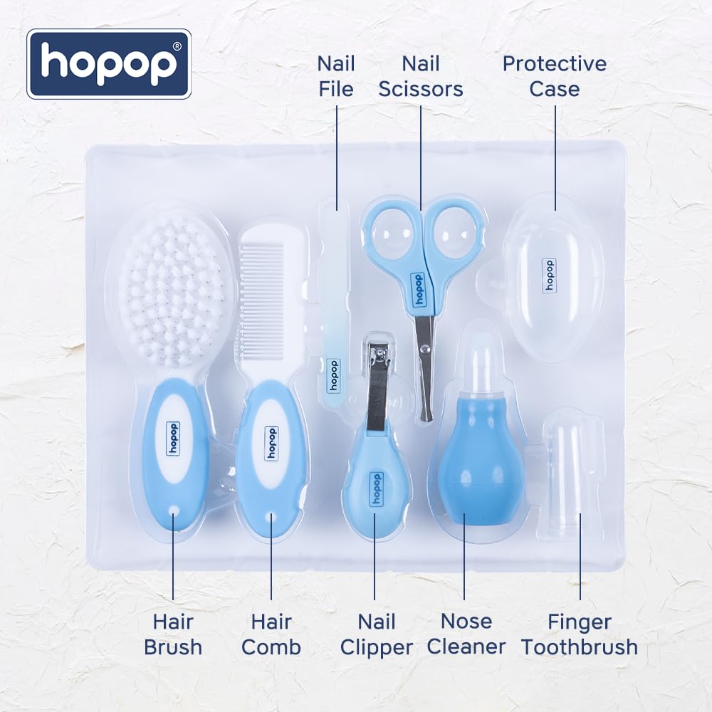 Hopop Grooming Kit for Newborn | 7 in 1 Baby Grooming Kit | Suitable for Newborns & Toddlers | Soft Bristle Hair Brush, Rounded Teeth Hair Comb, Nail Scissors, Nail Cutter, Nail File, Nose Cleaner, Finger Toothbrush with protective case | Blue
