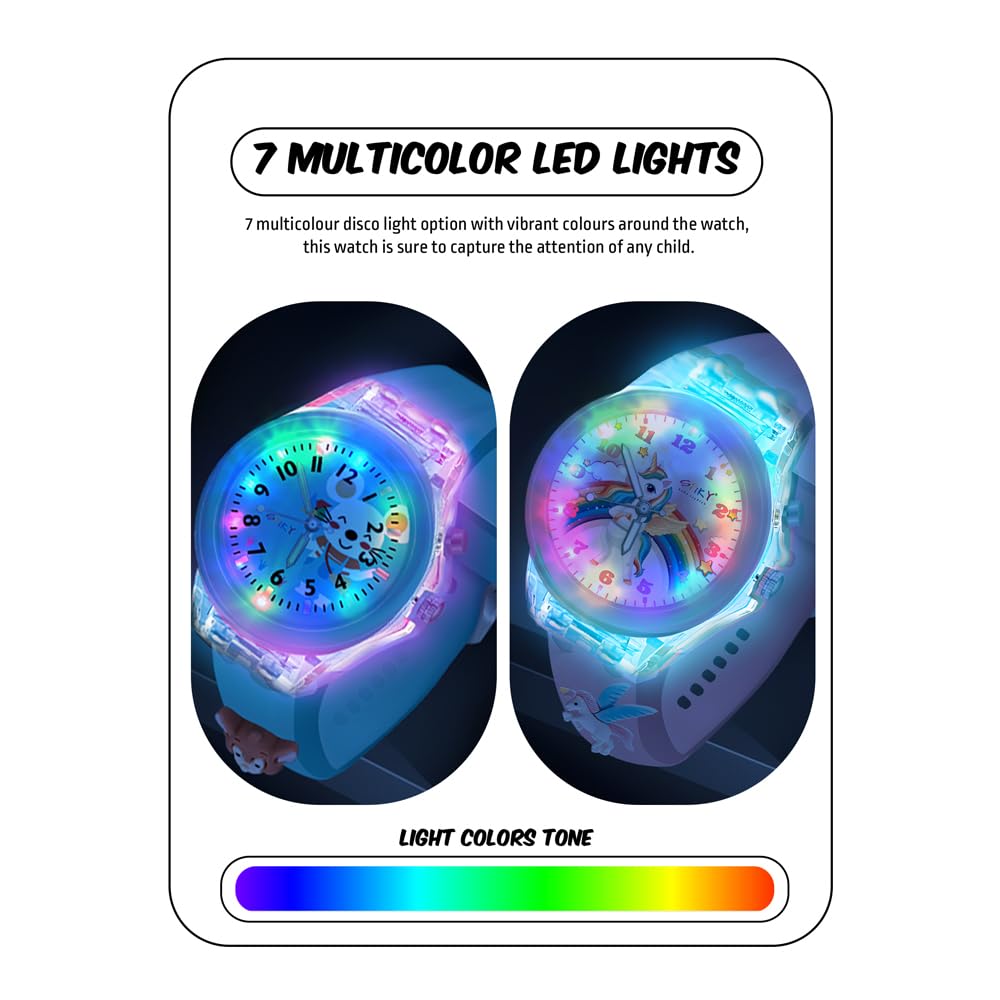 SPIKY Analog Watch for Kids | 3D Cartoon | 7 Multicolor LED Luminous Lights with Silicone Strap | Unisex Best Birthday Gift | Analogue Wrist Watches for Boys & Girls | Age 3-10 yrs