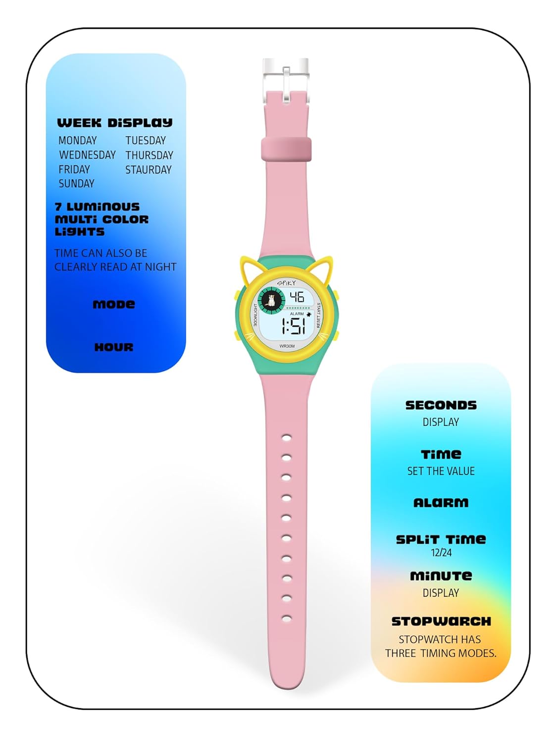 SPIKY Digital Sports Watch for Kids | Animal Shape Design | Multifunctional with 7 LED Luminous Lights | Water-Resistant | Best Birthday Gift Wrist Watches for Girls & Boys | Age 2-14 yrs