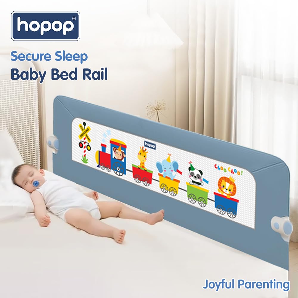 Hopop Baby Bed Rail Guard for Baby Safety | Bed Railing for Safety | Foldable Single Bed Side Protector for Falling | Adjustable Height | Bed Rails |183cm x 69 cm | Blue