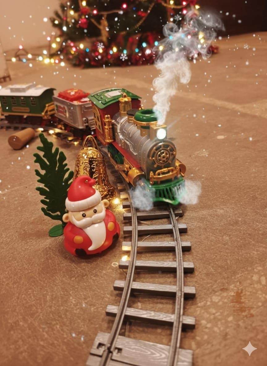 FunBlast Christmas Musical Train Set – 22 Pcs Electric Track Train with Real Water Smoke, Rechargeable Battery, LED Lights and Music, Santa, Bell & Tree Decoration Items for 3+ Years Kids, Boys, Girls