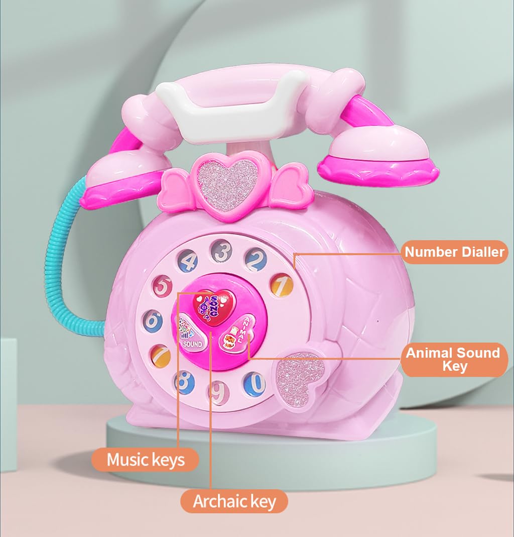 VGRASSP Classic Dial Receiver Simulation Telephone Toy for Kids - Rotating Number Dial with Calling Sound Effect - Storytelling Toy Phone Accompanied with Lights - Color As Per Stock