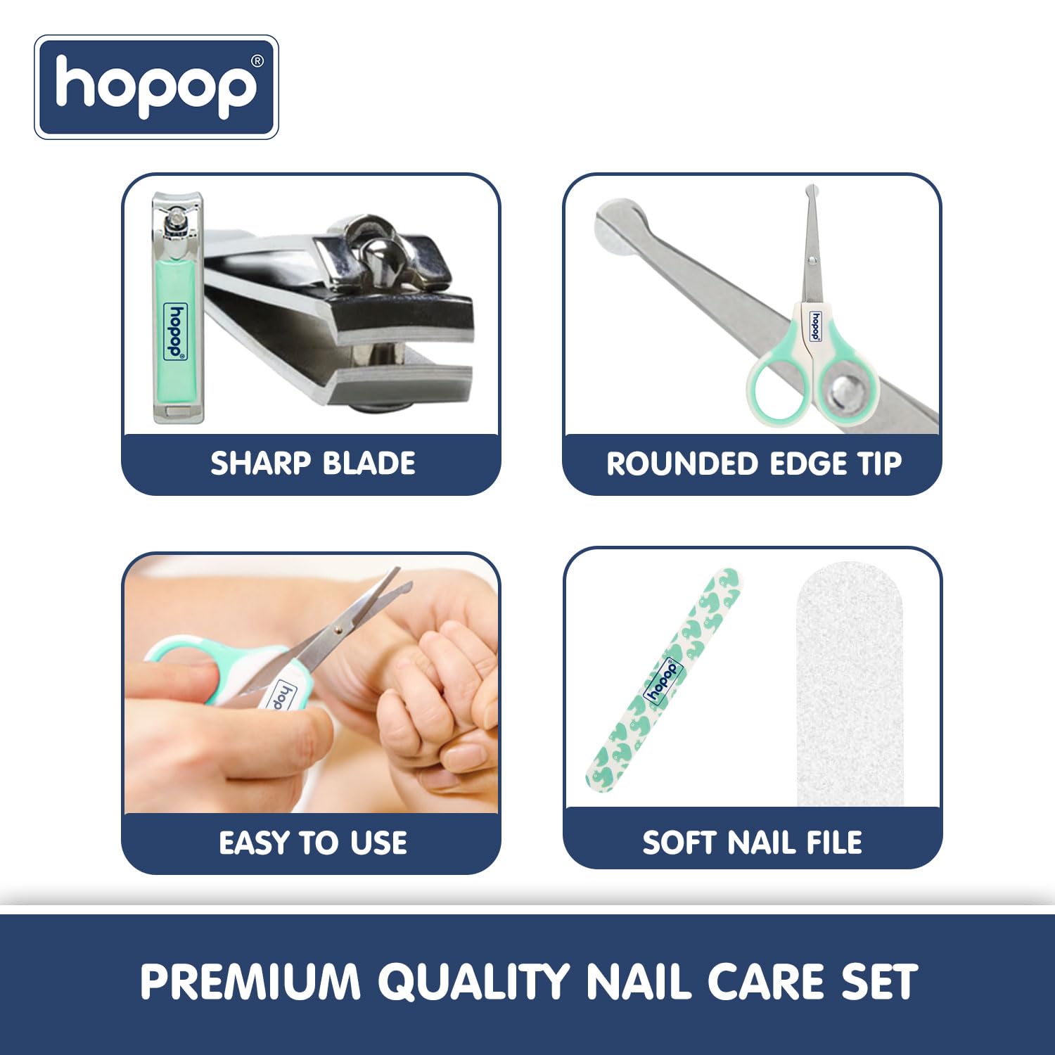 Hopop Grooming Kit for Newborn | 7 in 1 Baby Grooming Kit | Suitable for Newborns & Toddlers | Soft Bristle Hair Brush, Rounded Teeth Hair Comb, Nail Scissors, Nail Cutter, Nail File, Nose Cleaner, Finger Toothbrush with protective case | Blue