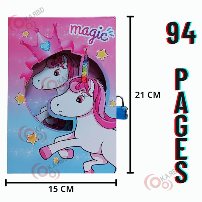 Unicorn Love Magic Crown Star Rainbow Color Cartoon Character Secret Lock Diary Big Size for Girls Boys Kids with Lock and Key Stylish Ruled Notebook Locker Diary with Cover Box (21x15x3.2 cm)