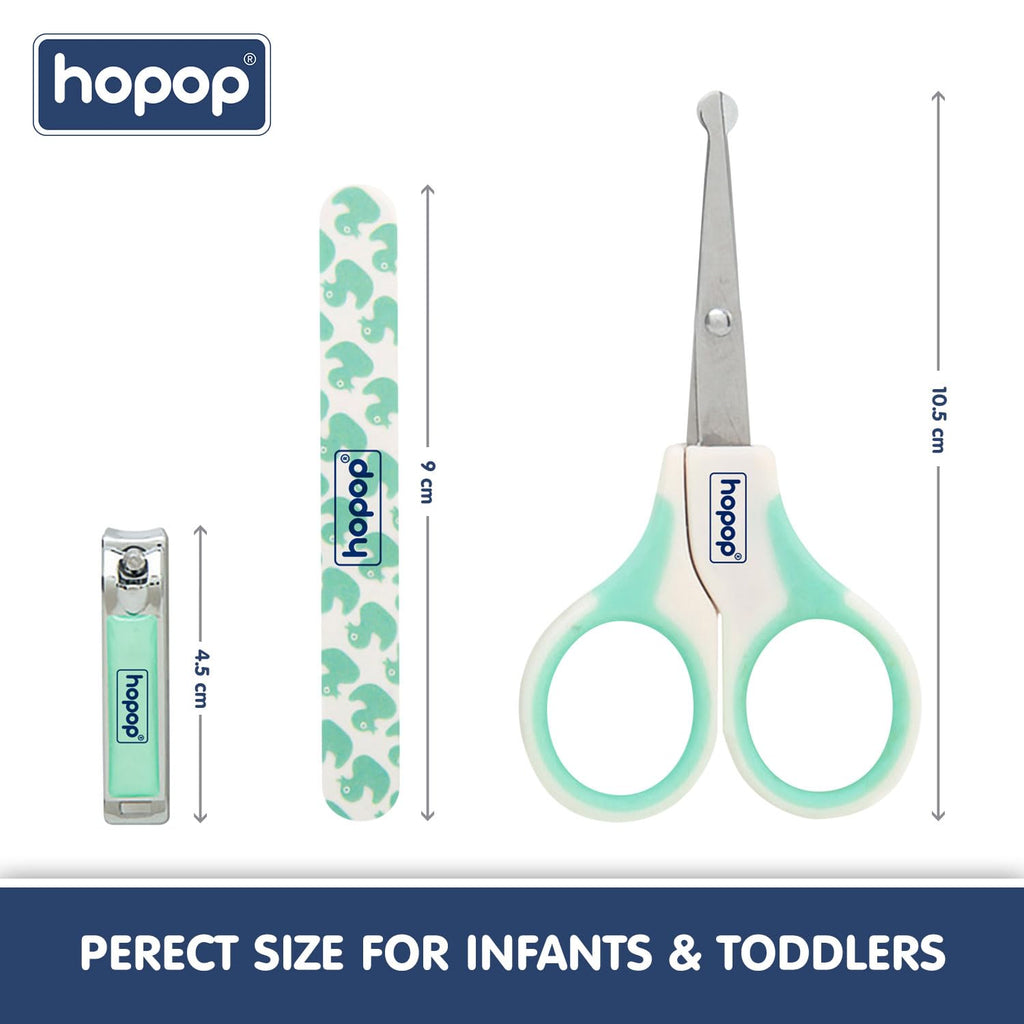 Hopop Grooming Kit for Newborn | 7 in 1 Baby Grooming Kit | Suitable for Newborns & Toddlers | Soft Bristle Hair Brush, Rounded Teeth Hair Comb, Nail Scissors, Nail Cutter, Nail File, Nose Cleaner, Finger Toothbrush with protective case | Blue