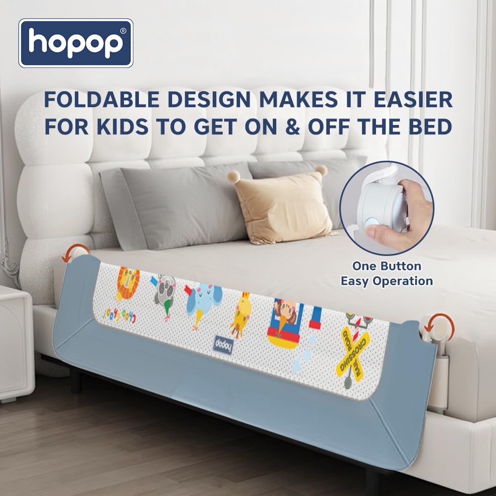 Hopop Baby Bed Rail Guard for Baby Safety | Bed Railing for Safety | Foldable Single Bed Side Protector for Falling | Adjustable Height | Bed Rails |183cm x 69 cm | Blue