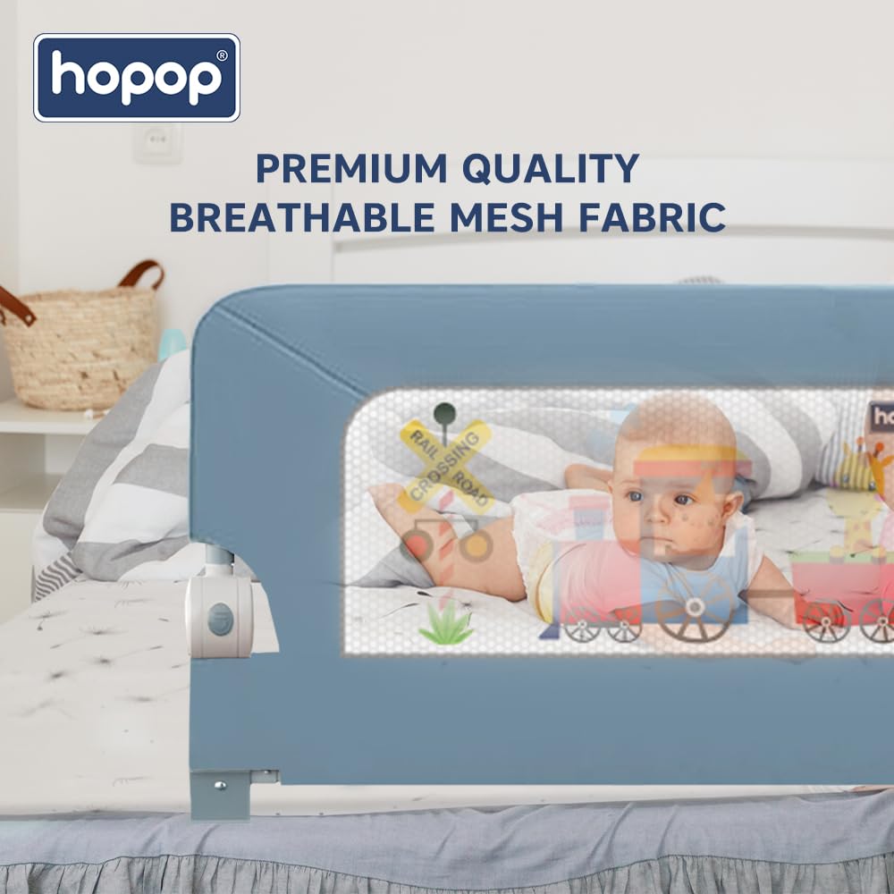 Hopop Baby Bed Rail Guard for Baby Safety | Bed Railing for Safety | Foldable Single Bed Side Protector for Falling | Adjustable Height | Bed Rails |183cm x 69 cm | Blue