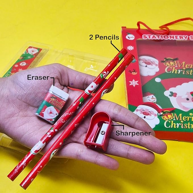 Christmas Stationery Giftset (Pack of 6 Items) 1 Eraser, 1 Sharpener, 1 Scale, 1 Diary, 2 Pencils for Kids