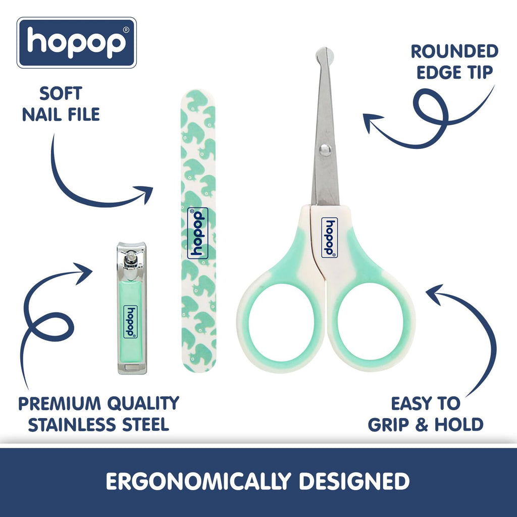 Hopop Grooming Kit for Newborn | 7 in 1 Baby Grooming Kit | Suitable for Newborns & Toddlers | Soft Bristle Hair Brush, Rounded Teeth Hair Comb, Nail Scissors, Nail Cutter, Nail File, Nose Cleaner, Finger Toothbrush with protective case | Blue