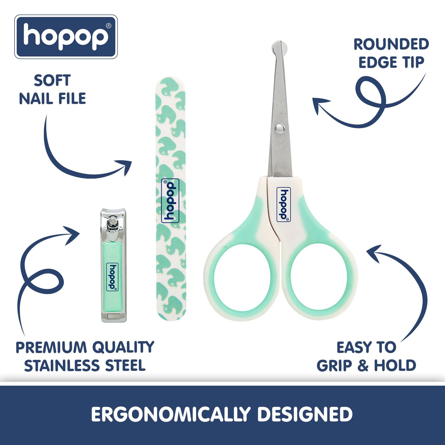 Hopop Grooming Kit for Newborn | 7 in 1 Baby Grooming Kit | Suitable for Newborns & Toddlers | Soft Bristle Hair Brush, Rounded Teeth Hair Comb, Nail Scissors, Nail Cutter, Nail File, Nose Cleaner, Finger Toothbrush with protective case | Blue