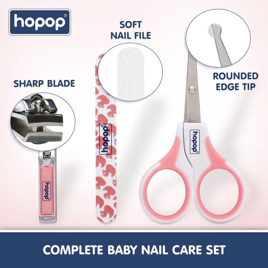 Hopop Grooming Kit for Newborn | 7 in 1 Baby Grooming Kit | Suitable for Newborns & Toddlers | Soft Bristle Hair Brush, Rounded Teeth Hair Comb, Nail Scissors, Nail Cutter, Nail File, Nose Cleaner, Finger Toothbrush with protective case | Blue