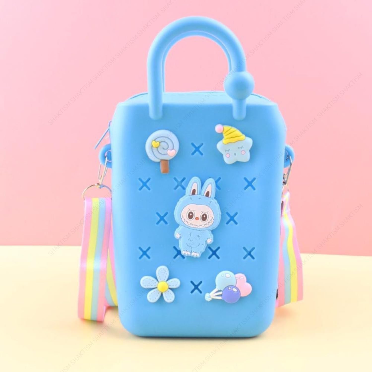 Silicone Sling Beach Tote Bag with Holes, Adjustable Straps, Cyan, Charms Sling Bags