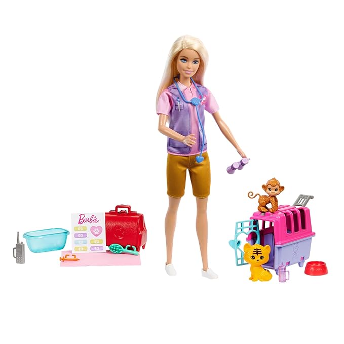 Barbie Careers Doll & Accessories, Animal Rescue & Recovery Playset with Blonde Doll, Baby Monkey & Tiger Figures, Carrier & More